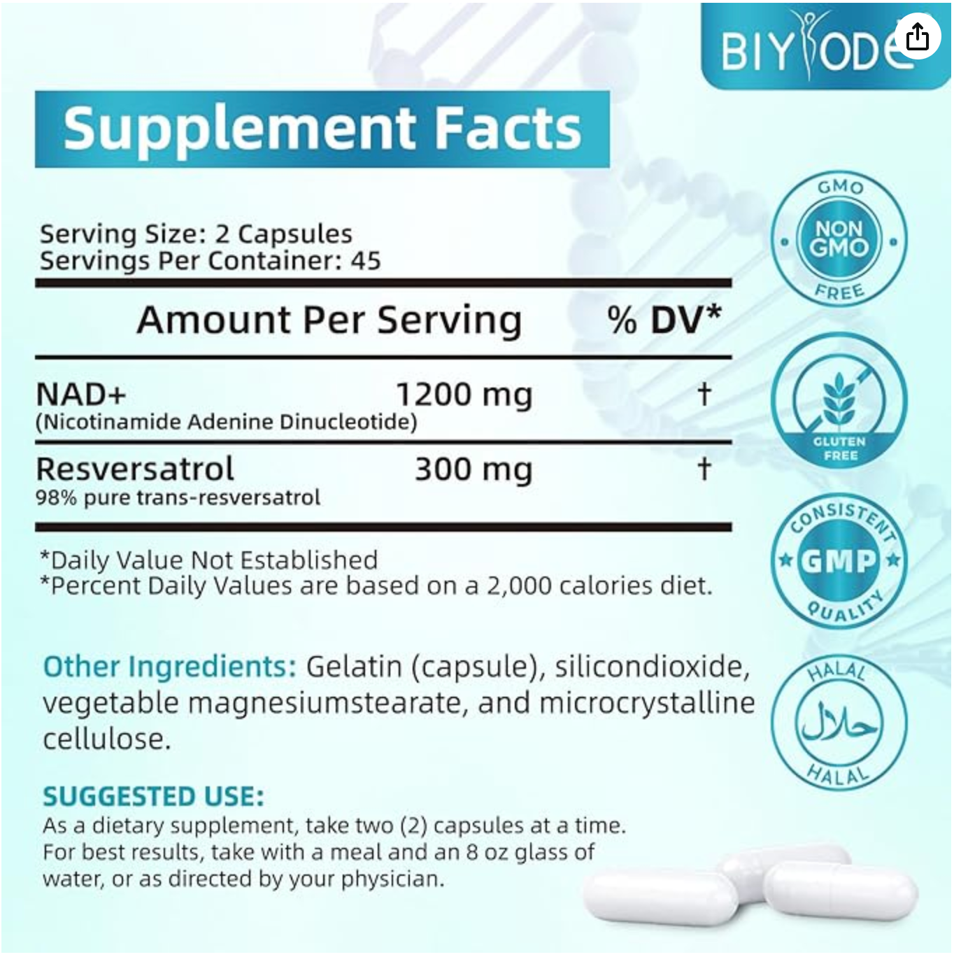 NAD + RESVERATROL 1500 MG 60 CAPSULAS