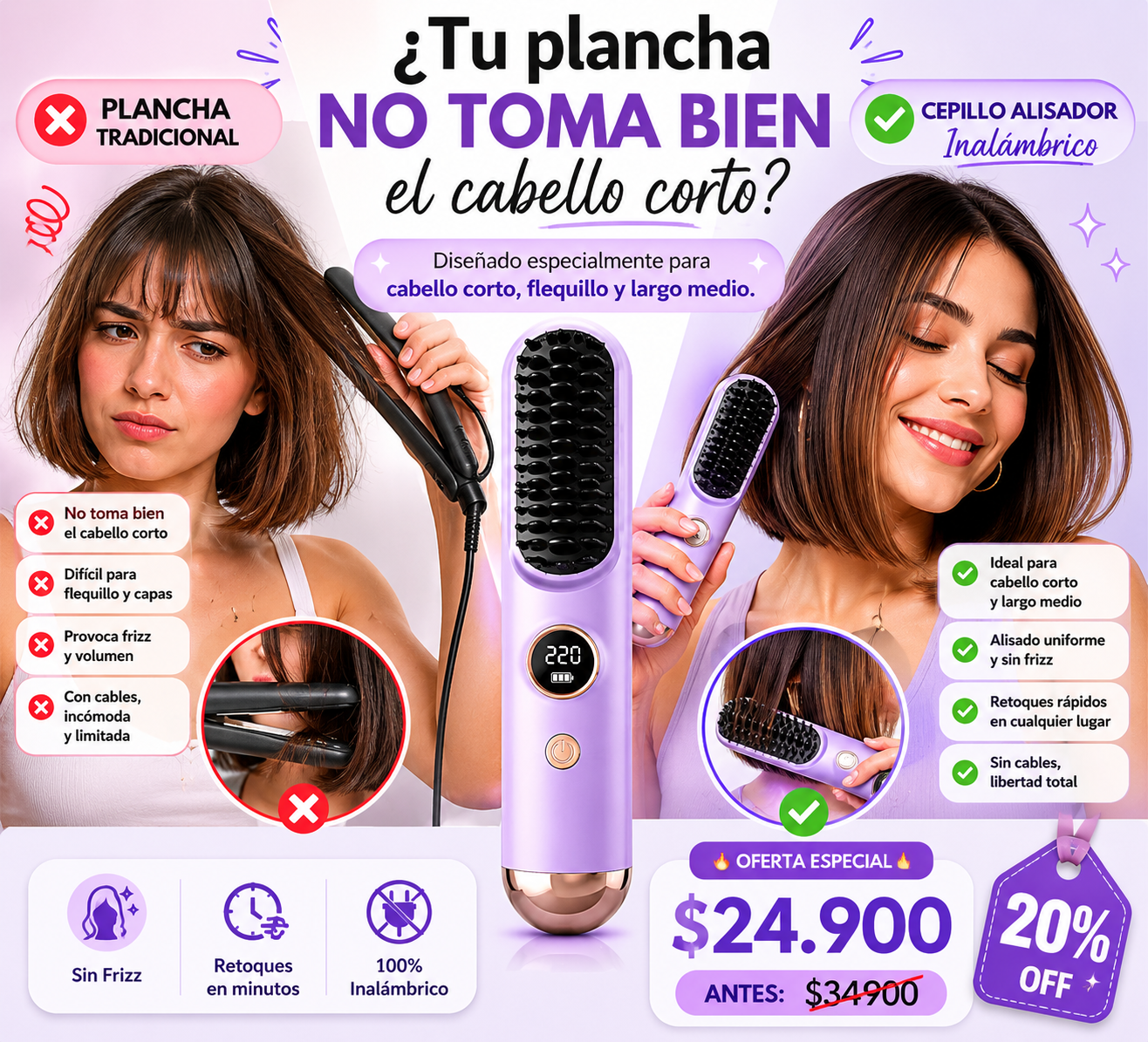 Cepillo Alisador Cabello Inalámbrico 🩷